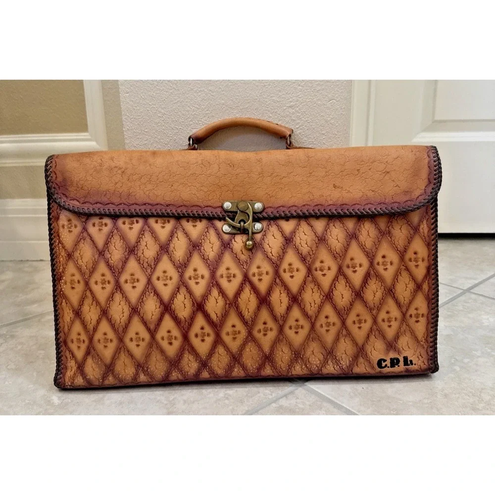 VTG Handmade Embossed Leather Portfolio Organizer Document Bag Layer Attaché